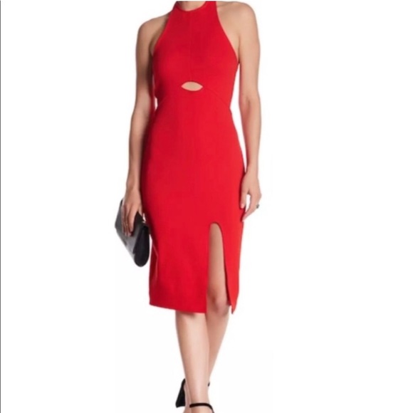 CAD Nordstrom Red Bodycon Cutout Halter Dress Black Tie Midi Slit Open Back - Picture 2 of 9